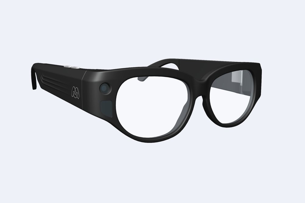 Mavis Viaro smart glasses, a black frame with an integrated camera and sensor housing on the right temple.